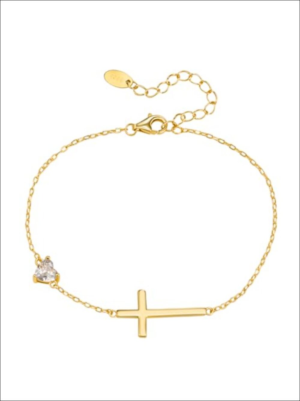 925 Sterling Silver Cross Bracelet with Heart Birthstone, 18K Gold Plated,